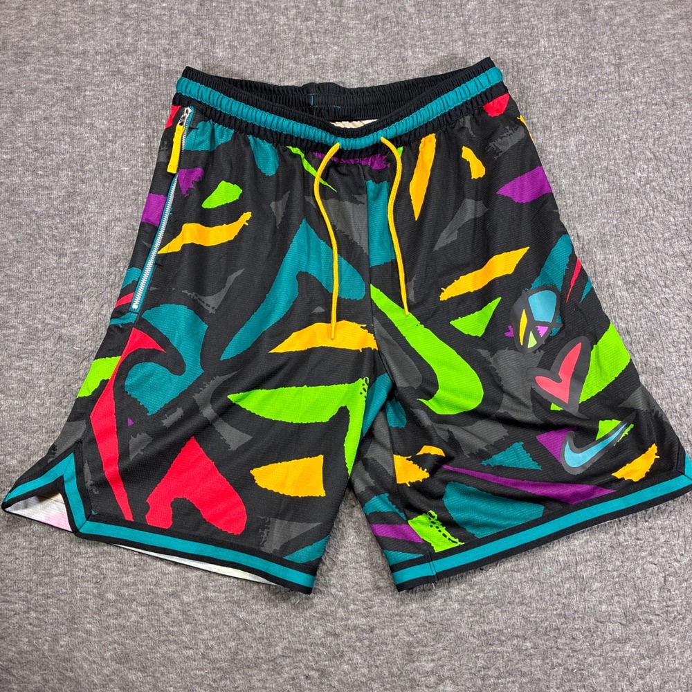 Nike Basketball Shorts Dry DNA Peace Love Swoosh Mens Large Black Abstract AOP‎